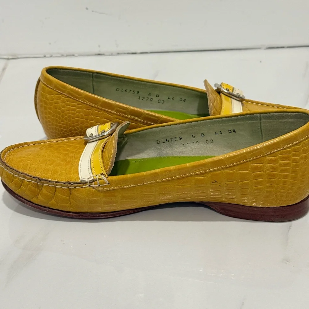 Cole Haan Yellow Croc-Embossed Loafers with Cream Strap‎ & Silver Buckle 6B